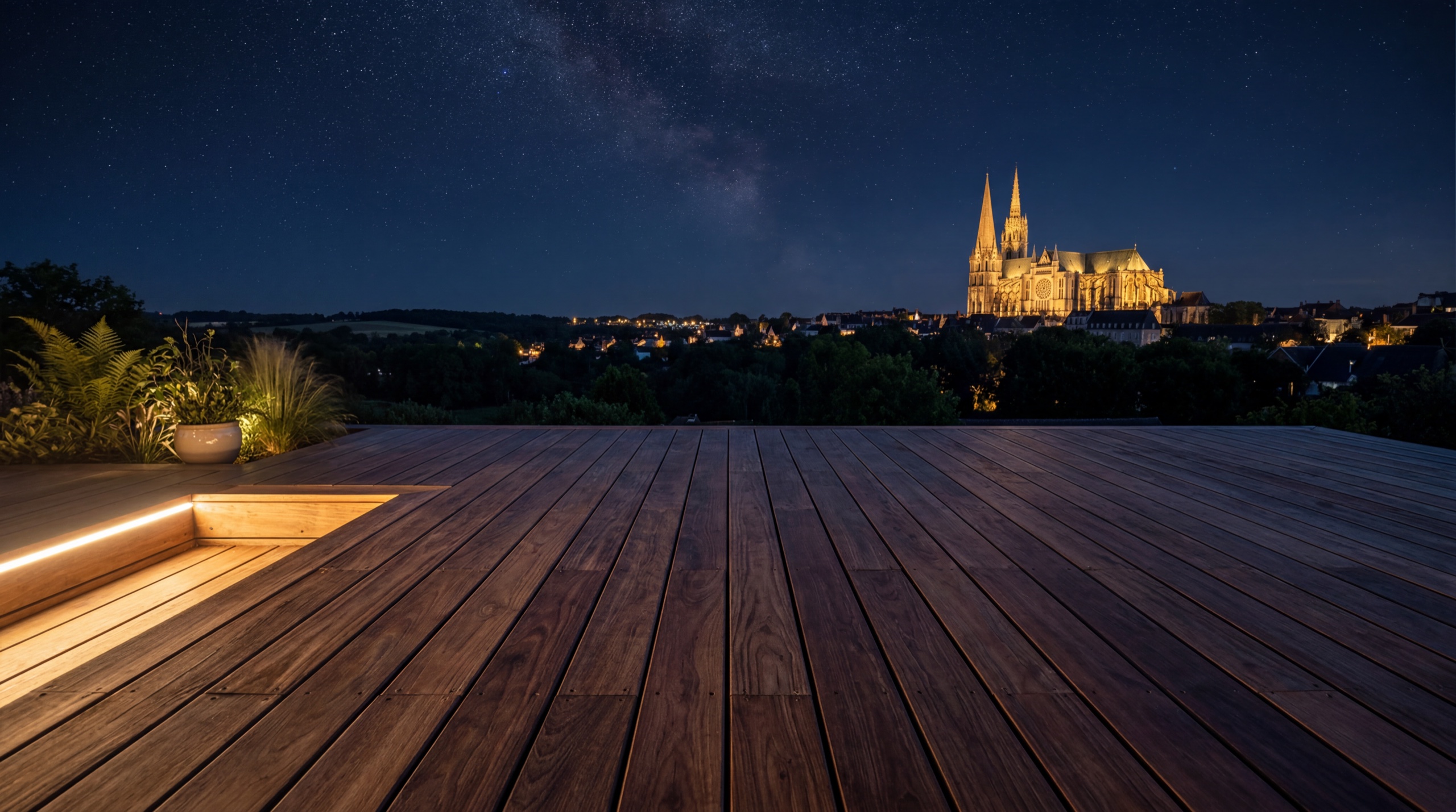 Terrasse bois sous les étoiles, cathédrale de Chartres au loin — projet Decraft